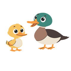 Duck family. Cute cartoon duck with duckling. Domestic farm animals. Vector illustration