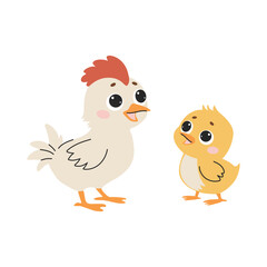 Cute chicken and chick. Set of flat vector illustrations on white background. Domestic birds