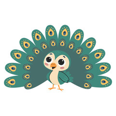 Cute cartoon peacock isolated on white background. Vector illustration.