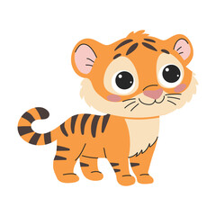Obraz premium Cute cartoon tiger. Vector illustration isolated on a white background. For card, poster, design, greeting, stickers, room decor, t-shirt, kids apparel, invitation, book.