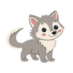 Flat vector illustration. Cute gray kind wolf. Children's illustration on white background Forest animal.