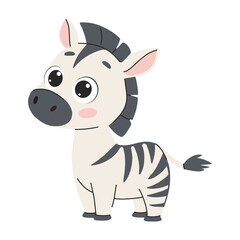 Cute cartoon zebra. Tropical and exotic animal, savanna and africa. Toy, mascot. Charming character for kids. Vector illustration isolated on white background.