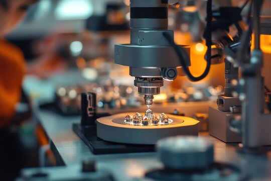 Precision machinery engaged in detailed watchmaking process in a workshop