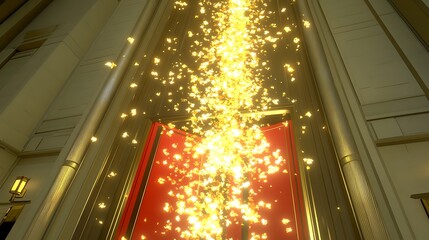 A pair of traditional red Chinese doors slowly opening to reveal a glowing path surrounded by golden light and auspicious symbols