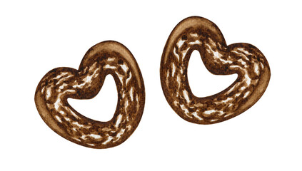 Obraz premium Two watercolor chocolate cookie hearts isolated on white background. Chocolate hearts for Valentine's Day. Chocolate hearts gingerbread for coffee. Dessert for tea