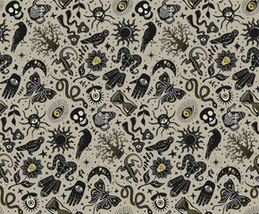 gothic witchy spooky moody halloween stuff seamless pattern, hand drawn vector illustration in greige and black gold