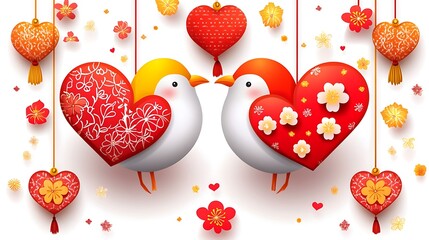 A beautiful paper-cutting design featuring a pair of lovebirds surrounded by floral motifs and auspicious elements, glowing under soft light