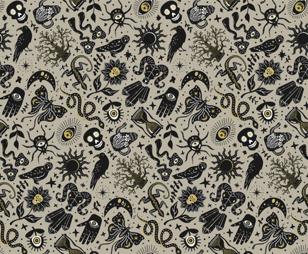 gothic witchy spooky moody halloween stuff seamless pattern, hand drawn vector illustration in greige and black gold