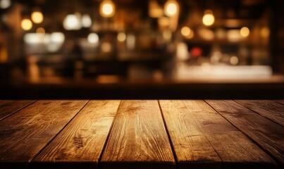 Empty wooden table and blurred kitchen background