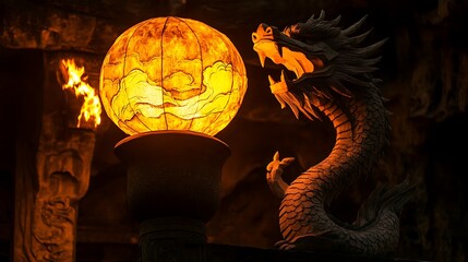 A close-up of an ornate paper-cutting featuring a dragon and cloud motifs, with fine details emphasized by a golden glow