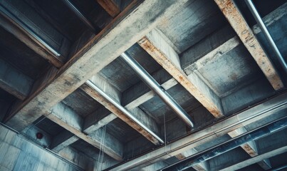 Fototapeta premium Exposed concrete beams in a dimly lit room with metal pipes, infrastructure, beams, pipes
