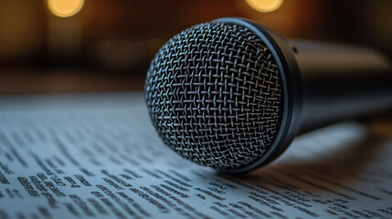 Obraz premium The close-up of the microphone stand in the recording studio symbolizes dubbing and audio production.