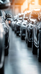 Many new identical cars are neatly parked in a row inside a warehouse, awaiting delivery to dealerships or customers