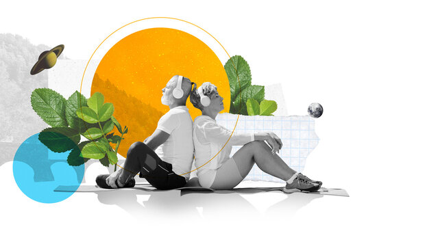 Elderly couple in headphones sitting back-to-back on yoga mats, meditating against abstract background with floral elements. Creative art collage. Concept of elderly lifestyle, active aging, wellness