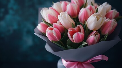 Beautiful bouquet of pink and white tulips wrapped elegantly for a special occasion