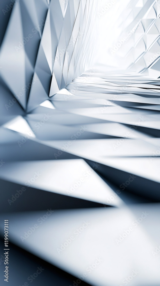 Poster Low angle view of futuristic tunnel formed by triangular white panels converging towards a bright light source