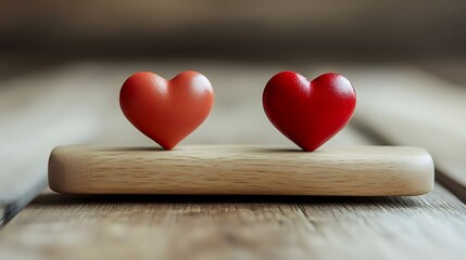 Fototapeta premium Two hearts on wood, rustic background, Valentine's Day card design
