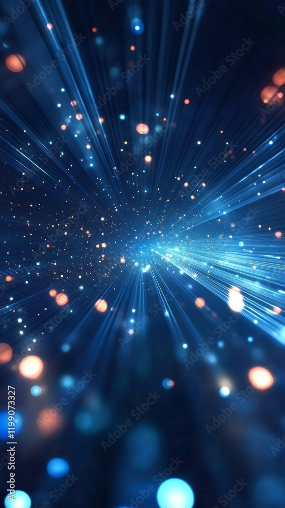 Poster luminous rays converging, glowing particles illuminating azure digital landscape