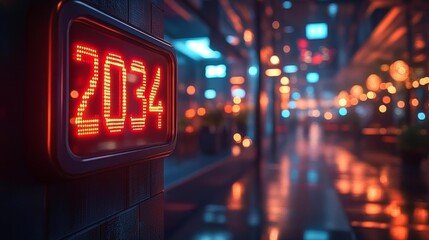 Holographic Digital Clock 2034 in Modern Celebration Space. Generative AI