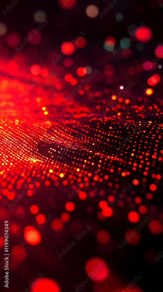 Aufkleber Digital landscape featuring glowing red particles swirling dynamically, generating immersive futuristic visual energy with fluid motion