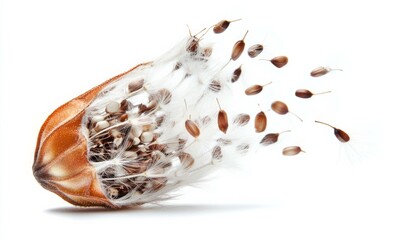 Dry grass flowers milkweed seed pod bursting open with seeds for interior decoration on white background. Milkweed Seeds and Pods.