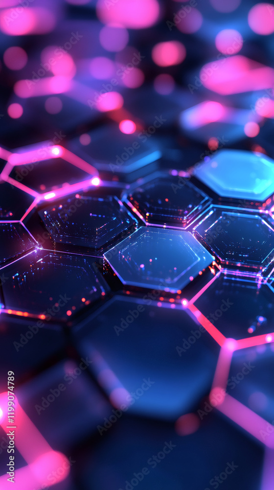 Poster Glowing neon hexagon grid representing advanced technological innovation, highlighting futuristic digital landscape with luminescent geometric pattern