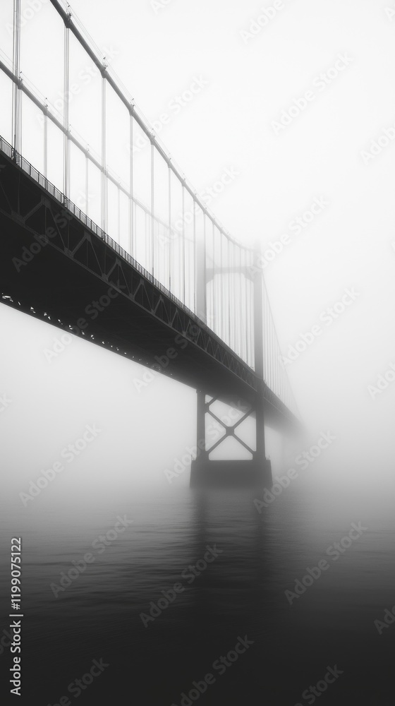 Poster a majestic bridge vanishes into a blanket of fog, its towering structure gracefully merging with the