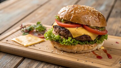 Close-up home-made beef burger on wooden table.