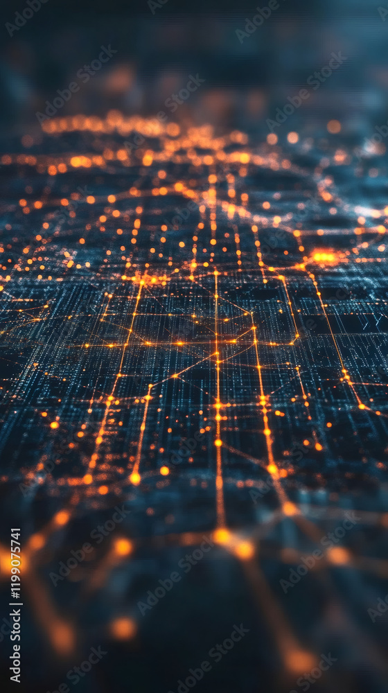 Fototapete complex network grid connecting data and information, visualized as a futuristic city with glowing l