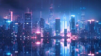 Fototapeta premium A futuristic city skyline with neon lights reflected in the water.