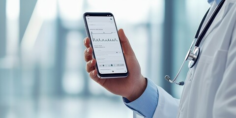 Healthcare Costs policy concept. A doctor holding a smartphone displaying medical data in a clinical environment.