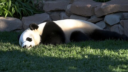 A peaceful scene of a panda resting under the shade of bamboo trees, with soft green light highlighting the pandaâ€™s fluffy fur