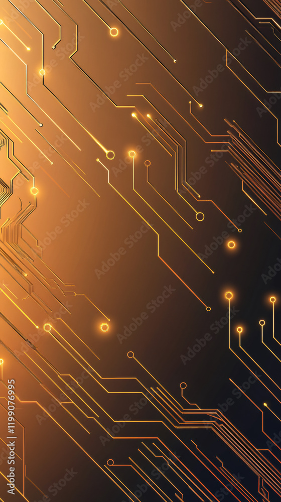 Poster abstract golden electronic circuit board is shining in the dark, representing advanced technology an