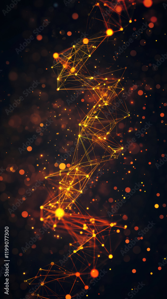 Aufkleber Golden glowing plexus structure is rotating in dark space with particles, creating a futuristic and technological atmosphere