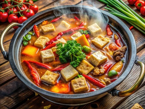 Aerial view: bubbling hot pot, fragrant stinky tofu, a delicious Taiwanese feast.