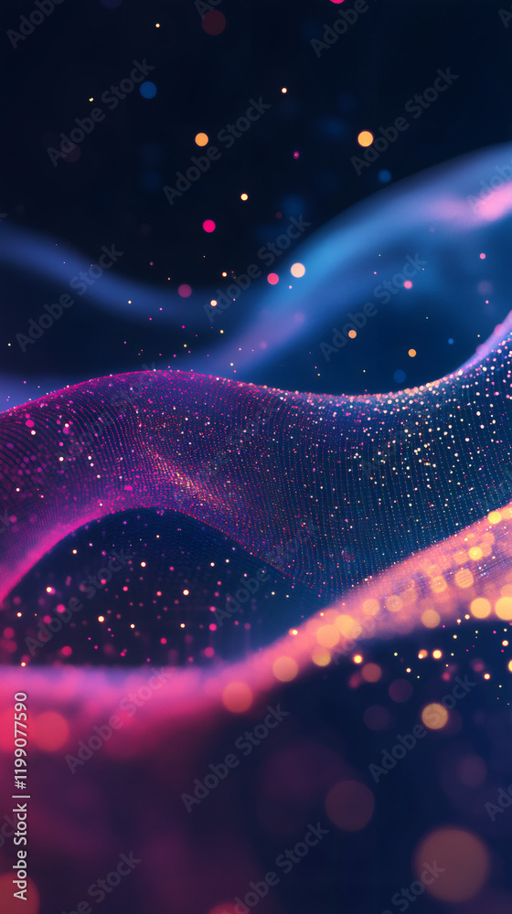 Aufkleber Wavy surface of shining particles flowing with a beautiful bokeh effect, creating a mesmerizing abstract background