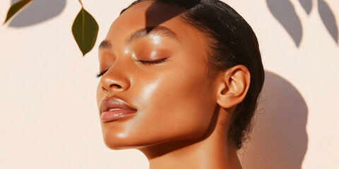 Beautiful black woman with clean face and glowy skin, natural light with leaf shadows
