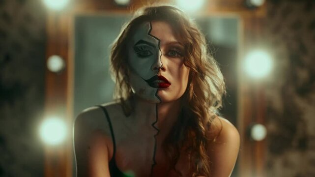 Portrait of sexual and crazy woman with makeup on half of face, look at camera. Split personality and madness, emotional burnout and psychological problems, depression and frustrated female person