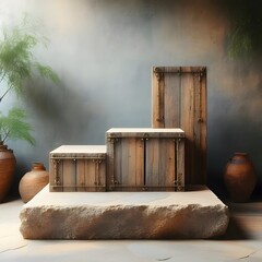Naklejka premium Energetic Style Vintage Stone Podium with Aged Wood and Brass Details