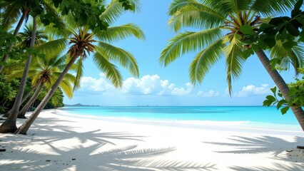 Obraz premium Close-up view of a pristine white sandy beach flanked by lush palm trees, their shadows dancing across the sand. A vast, tranquil ocean stretches into the distance, inviting endless exploration