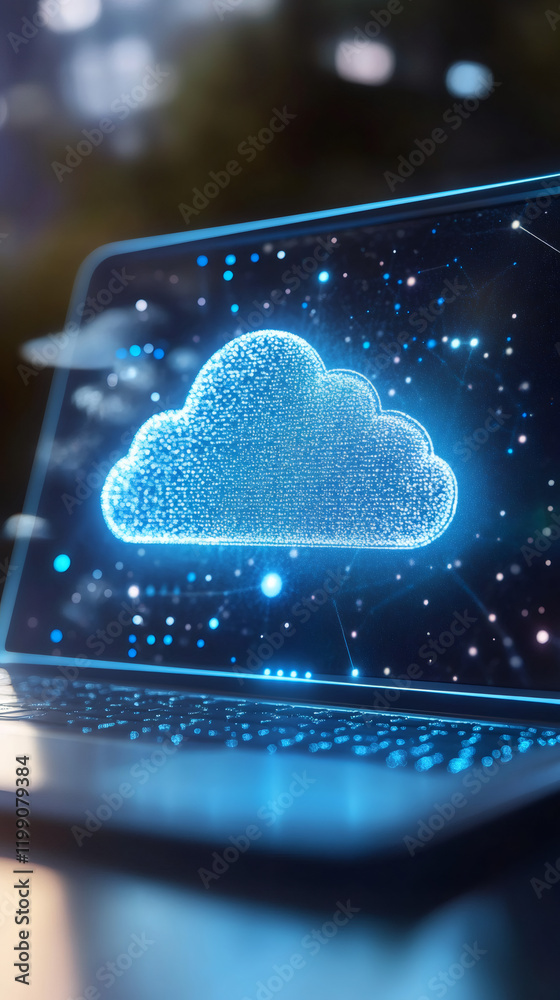 Fototapete futuristic cloud computing technology connecting data on a laptop screen with binary code particles 