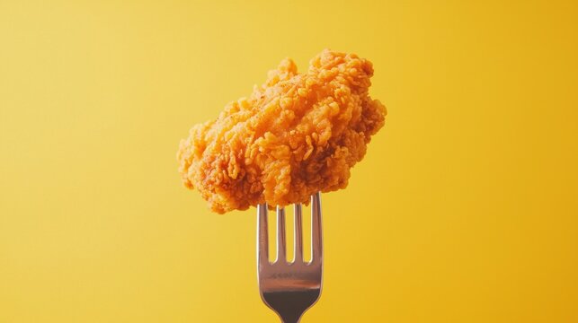 A deliciously fried chicken wing is perfectly perched on a fork, showcasing its crispy texture and golden hue, set against a cheerful yellow background that enhances its appeal