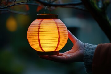 Obraz premium Hand holding glowing lantern at dusk in a serene setting