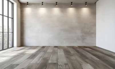 Obraz premium Empty white wall with 5 spot lights and wooden floor