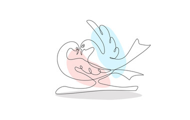 Continuous one-line drawing of two birds, symbolizing love and connection. The abstract use of pastel red and blue enhances the visual harmony, Vector  illustration, Editable stroke