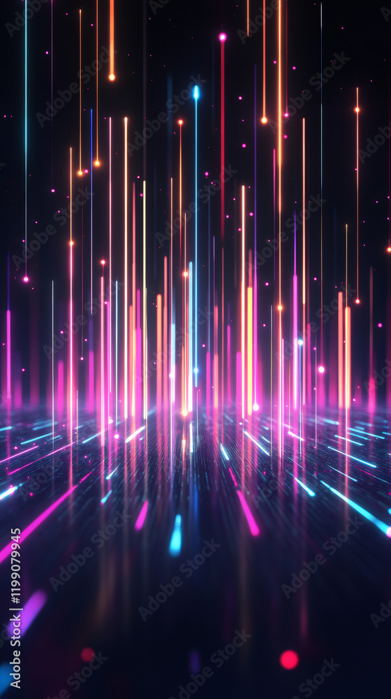 Poster luminous vertical lines descending on dark reflective surface, generating futuristic technological a