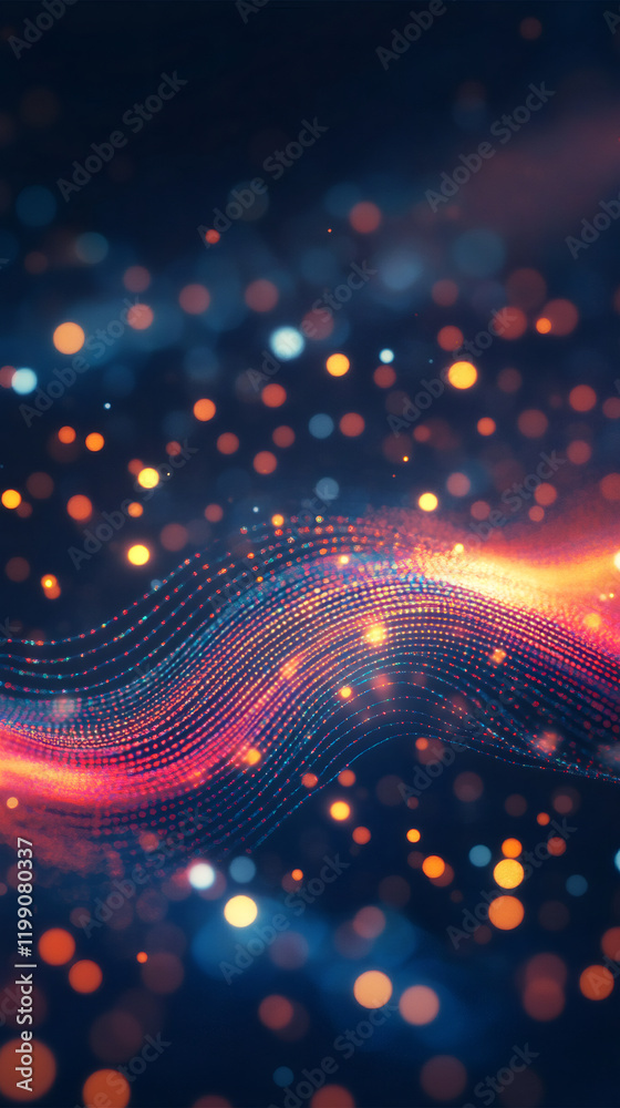 Aufkleber Digital wave particles flowing on dark background with bokeh effect creating abstract technology or science fiction concept