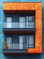 Obraz premium Modern apartment balconies, blue and orange facade, urban setting