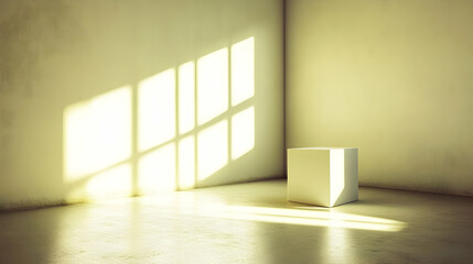 Fototapeta premium Sunlit minimalist room interior with a white cube, ideal for product displays or artistic backgrounds.