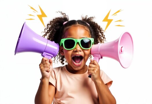 Cute little girl holding purple megaphone yelling energetically isolated on a white background